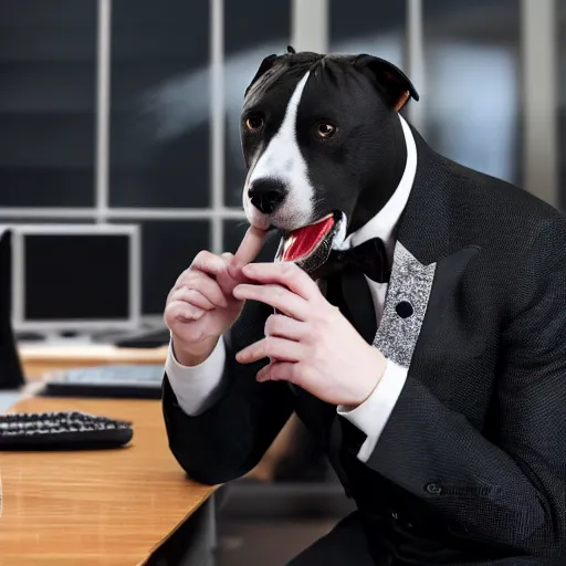 Image similar to An anthropomorphic pitbull wearing a tuxedo and smoking a cigar sitting in an office chair in a dark room, 8k, highly detailed, cinematic,