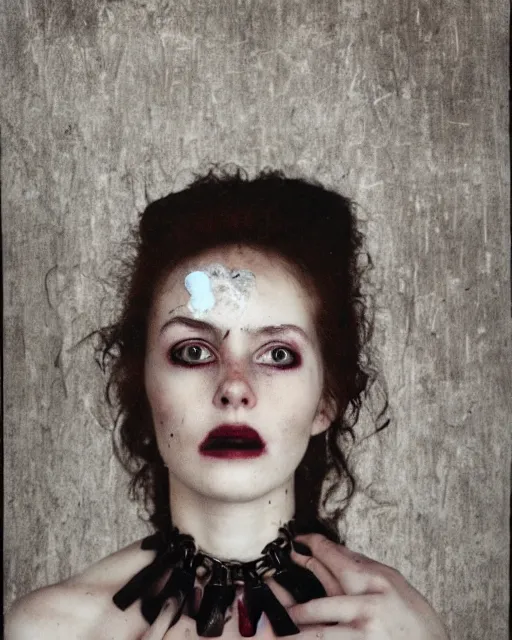 Prompt: an instant photo of a beautiful but creepy young woman in layers of fea, with haunted eyes and wild hair, wearing a vivienne westwood choker, 1 9 7 0 s, seventies, wallpaper, moorland, a little blood, moonlight showing injuries, delicate embellishments, painterly, offset printing technique, by mary jane ansell