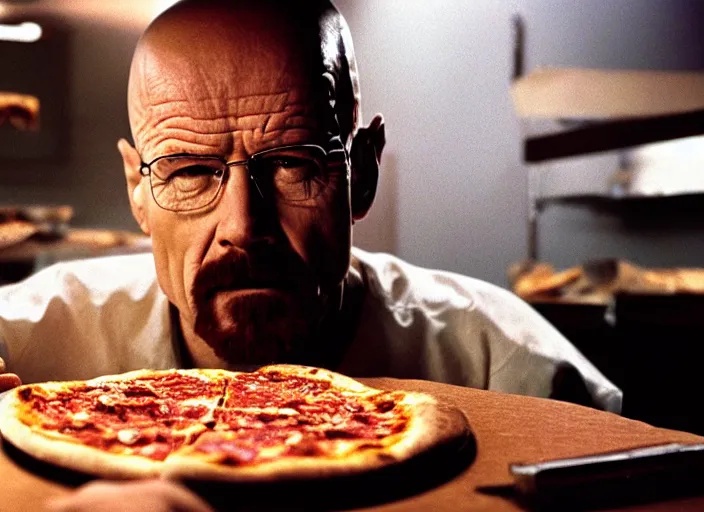 Image similar to beautiful portrait of walter white eating pizza sloppy sauce, chuck - e - cheese, dramatic lighting, moody film still from breaking bad ( 2 0 1 2, 3 5 mm kodak color stock, 2 4 mm lens, directed by rian johnson, ecktochrome