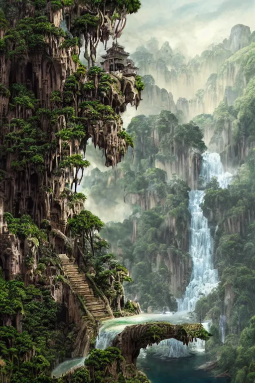 Prompt: carved into a Mountain a temple above a waterfall, giant intricate statues, arches adorned pillars, archways, gnarly trees, lush vegetation, forrest, a small stream runs beneath the waterfall, landscape, raphael lacoste, eddie mendoza, alex ross, concept art, matte painting, highly detailed, rule of thirds, dynamic lighting, cinematic, detailed, denoised, centerd