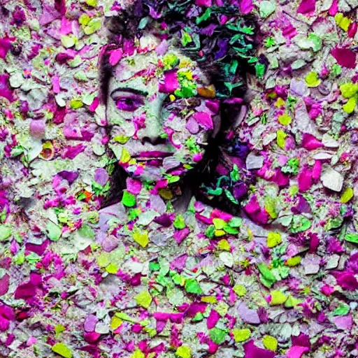 Prompt: a portrait of a woman constructed from flower petals, layered composition, layers, texture, mcu, newspaper, highly textured, layered, sculpted, dynamic,