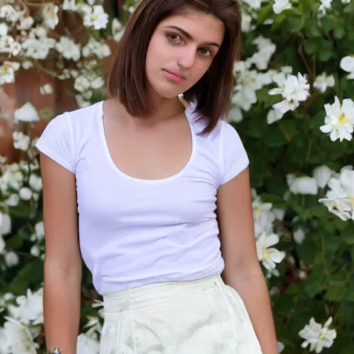 Prompt: 1 9 years old slim straight brown hair gabriella papadakis, neck wrinkles, wearing white skirt and white flowers top