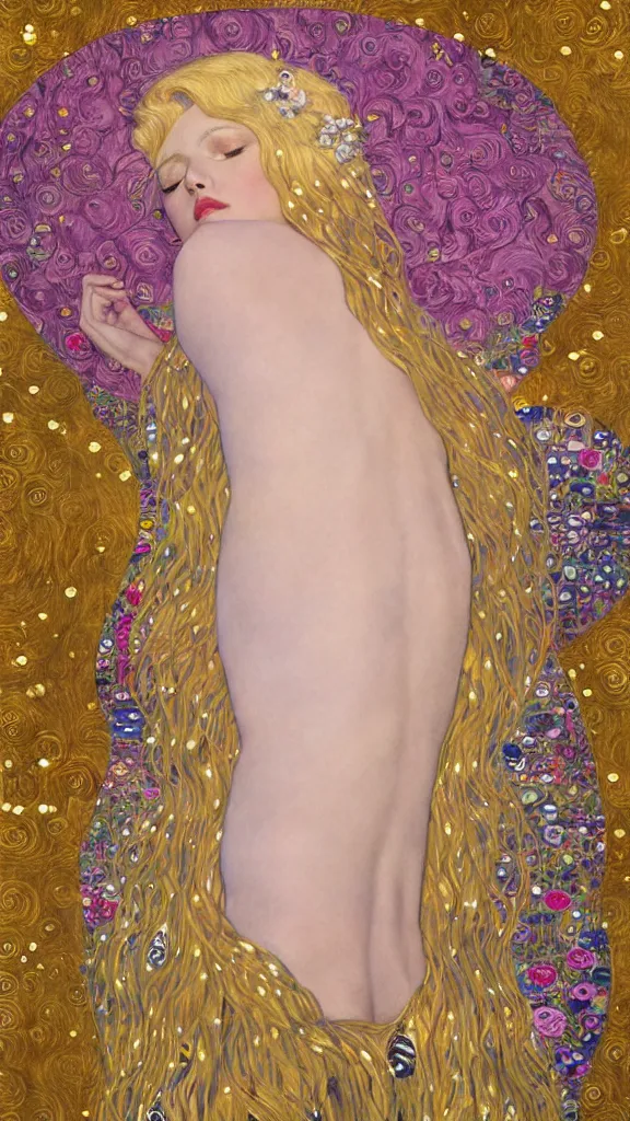 Prompt: a soft and breathtaking detailed painting of a full body sleeping blonde princess in the style of gustav klimt, blonde hair, shiny gold, elegant, highly detailed, artstation, fluo colors, concept art, matte, sharp focus, art by gustav klimt