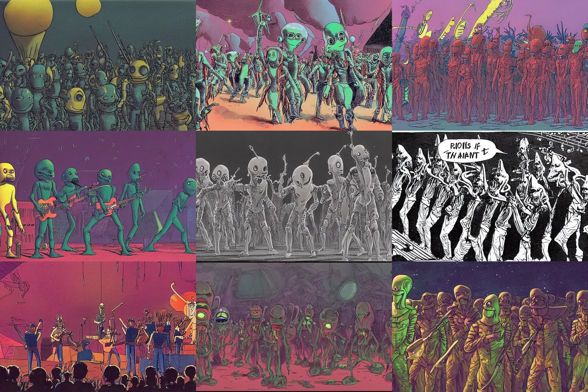 Prompt: film still of a band of aliens preforming a song at a concert, by moebius