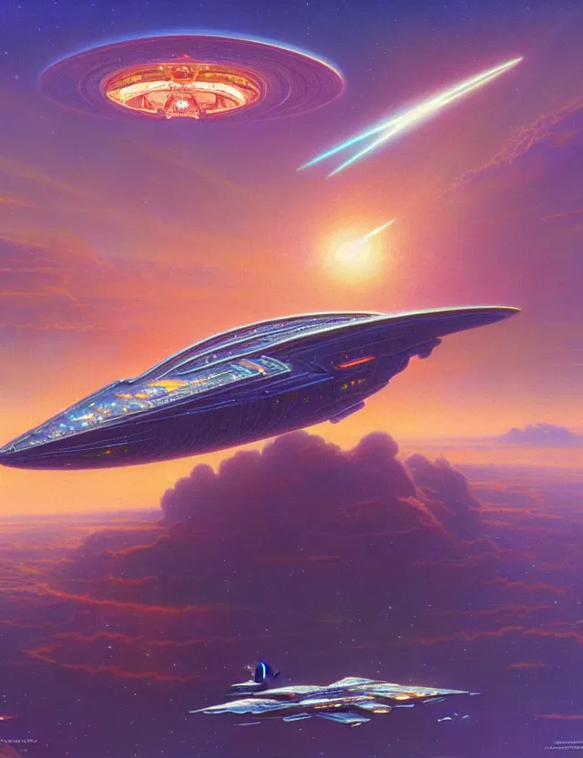 Prompt: a glossy cut gemstone diamond spaceship in the clouds, tim hildebrandt, wayne barlowe, bruce pennington, donato giancola, trending on artstation, cinematic composition, beautiful lighting, hyper detailed, 8 k, oil on canvas