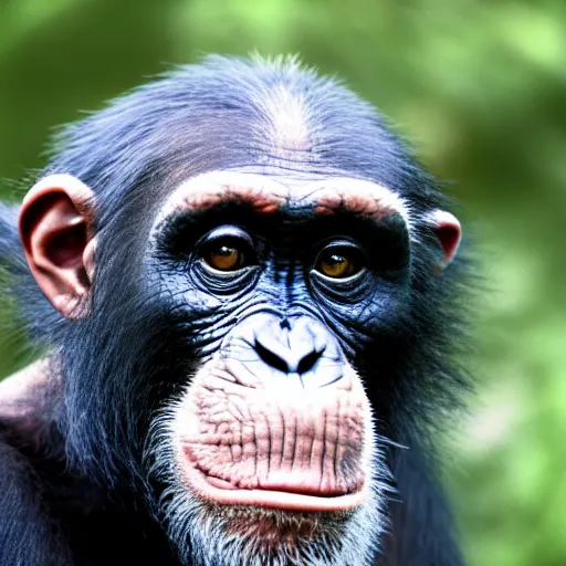 Image similar to chimpanzee looking curiously at a cyborg, hd photograph