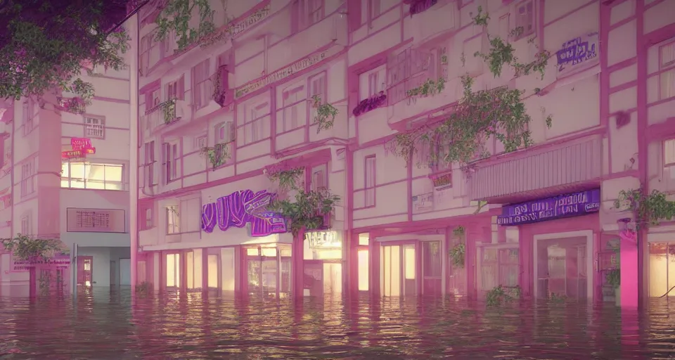 Image similar to 80s vaporwave outrun 3d Render of a german town being flooded, liminal space retro, grainy, noisy, early 90s cgi