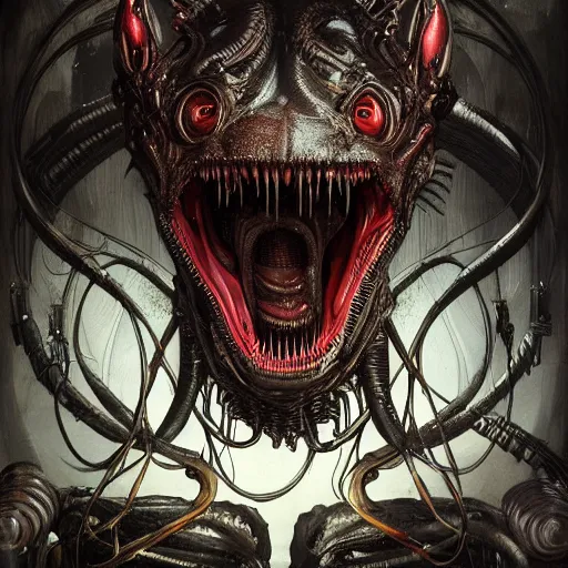 Image similar to mickey mouse xenomorph chimera lurkin in dark room portrait, designed by h. r. giger, highly intricate detailed 8 k ultrarealistic octane render by artgerm and rutkowski and mucha