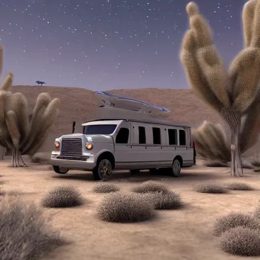 Image similar to silver school bus in the desert parked by a hot spring, sage brush, moonlit, ultra detailed, 8 k, trending on artstation, award - winning art,