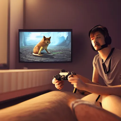 Image similar to photo of shibe playing video - game, realism, realistic, photorealism, f 3. 5, photography, octane render, trending on artstation, unreal engine, cinema 4 d