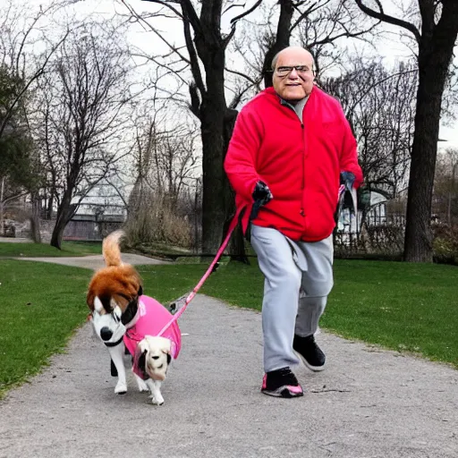 Prompt: a dog that looks like danny devito going for a walk in the park with its owner