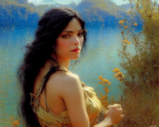 Image similar to attractive tan women with long black hair in a beautiful lake. highly detailed painting by gaston bussiere, craig mullins, j. c. leyendecker 8 k