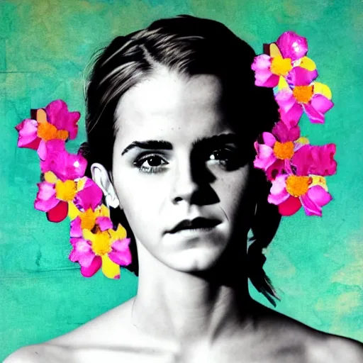 Image similar to emma watson mason plank flower vanish cloud shoulder mountain evening leaf overplayed portrait cliche basement, collage artwork