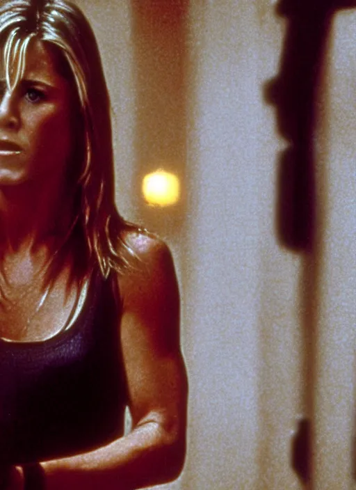 Image similar to film still of Jennifer Aniston as John McClane in Die Hard, 4k