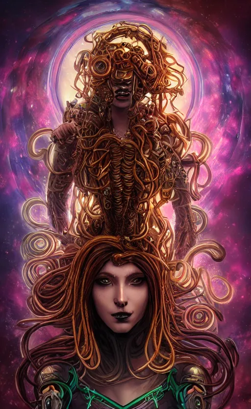 Prompt: An epic fantasy comic book style portrait painting of a very beautiful nebulapunk Medusa with symmetrical facial features and lots of cyberpunk and cybernetic bio-luminiscent snakes as hair, awesome pose, in the center of the image, golden ratio, full body, vibrant dark mood, unreal 5, hyperrealistic, octane render, cosplay, RPG portrait, arthouse, dynamic lighting, intricate detail, cinematic, HDR digital painting, 8k resolution, enchanting, otherworldly, sense of awe, award winning picture, Hyperdetailed, blurred background, backlight, Gsociety, trending on ArtstationHQ, dreamscape.