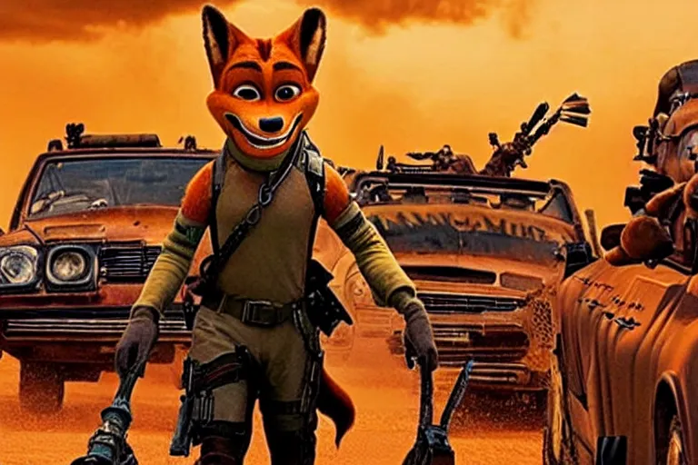 Image similar to nick wilde, heavily armed and armored facing down armageddon in a dark and gritty reboot from the makers of mad max : fury road