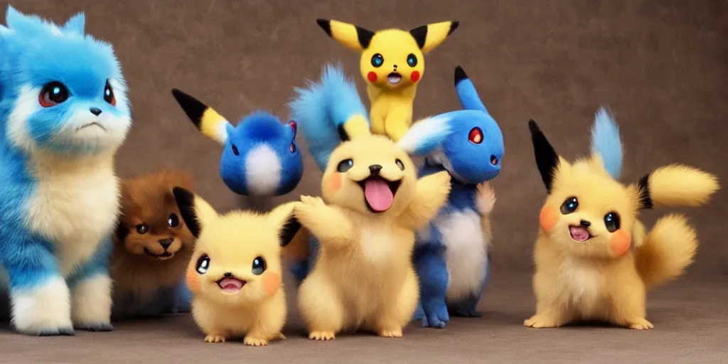 Image similar to real life pokemons, cute!!!, content!!!, mischievous!!!, adorable!!!, little furballs, fluffy!!!, ultra realistic!!!, golden hour, sharp focus