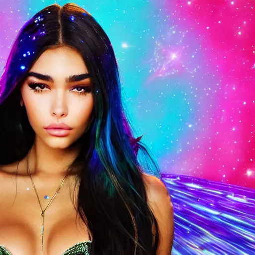 Image similar to madison beer a an intergalactic popstar dancing on a planet, render, blender render, unity render, 4 k wallpaper, art station trending, artstation 4 k coherent, coherent, 4 k, detailed, hyperdetailed, artifact - free, completely coherent, sharp, madison beer