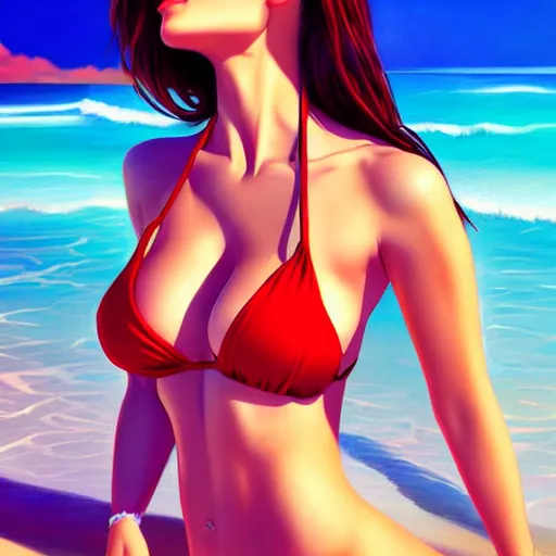 Image similar to beautiful woman in a bikini on the beach drawn by artgerm