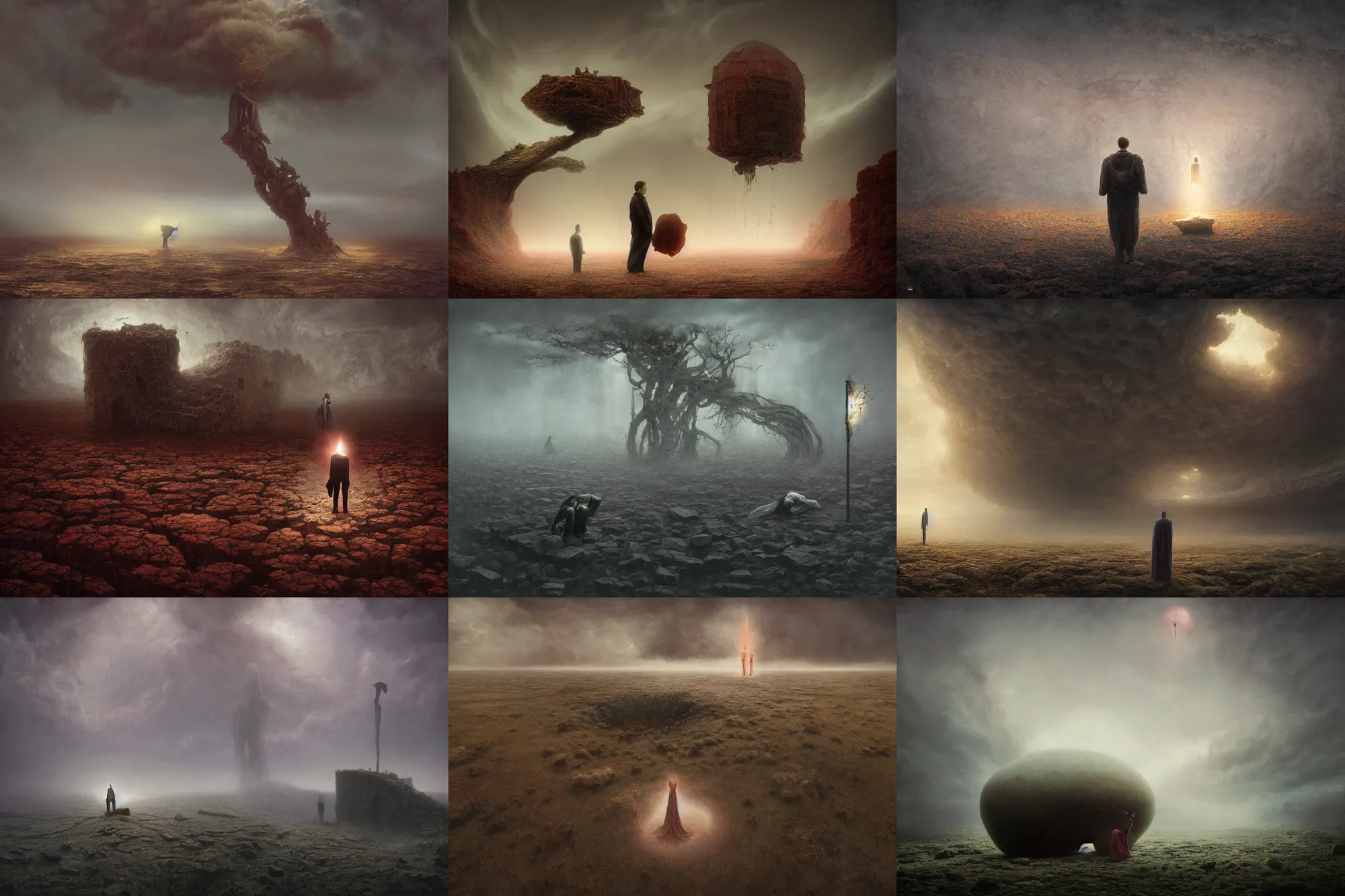 Prompt: Crushing Misery of Entropied Soul, Les Edwards, Zdzislaw Beksinski, Carl Gustav Carus, John Harris, Michal Karcz, Zhang Kechun, Mikko Lagerstedt, Scott Listfield, Steven Outram, Jessica Rossier