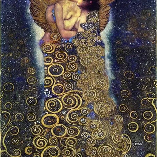 Prompt: dreamy angels, in the cosmos, intricate long shelve robes, intricate detail, klimt, royo,