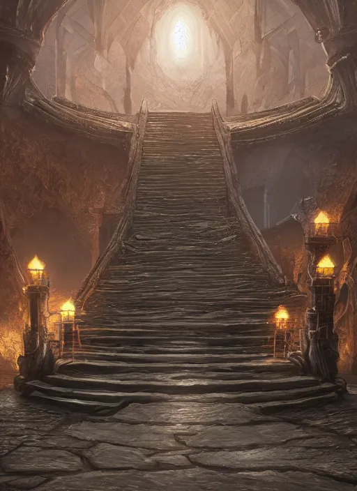 Image similar to castle stairs, ultra detailed fantasy, elden ring, realistic, dnd, rpg, lotr game design fanart by concept art, behance hd, artstation, deviantart, global illumination radiating a glowing aura global illumination ray tracing hdr render in unreal engine 5