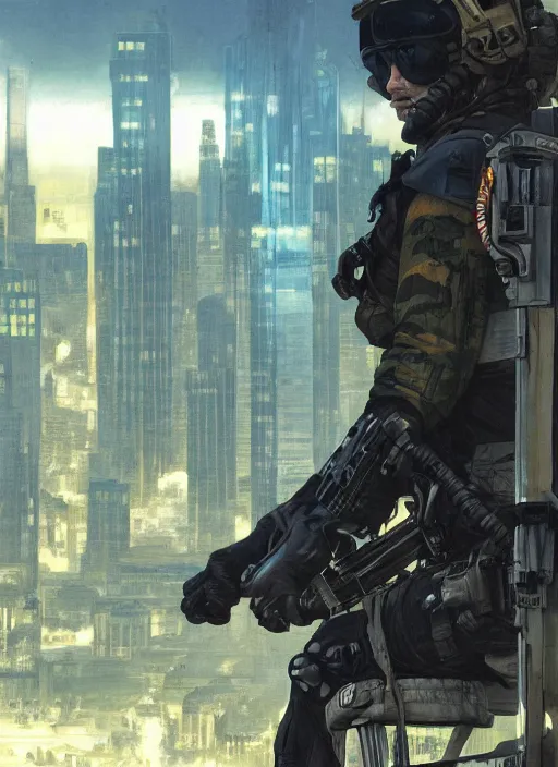 Image similar to Dinah. USN special forces operator looking at city skyline. Futuristic stealth suit. mgs and rb6s Concept art by James Gurney, Alphonso Mucha, matt rhodes, and Sam Hogg.