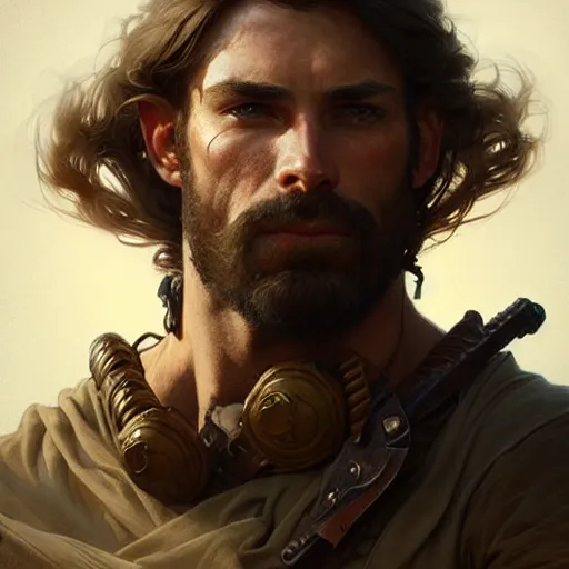 Image similar to portrait of a rugged ranger, muscular, upper body, D&D, fantasy, intricate, elegant, highly detailed, digital painting, artstation, concept art, matte, sharp focus, illustration, art by Artgerm and Greg Rutkowski and Alphonse Mucha