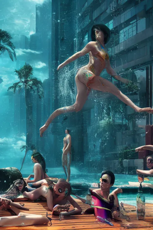 Image similar to summer swimming party, dark fantasy, body horror, cyberpunk, octane render