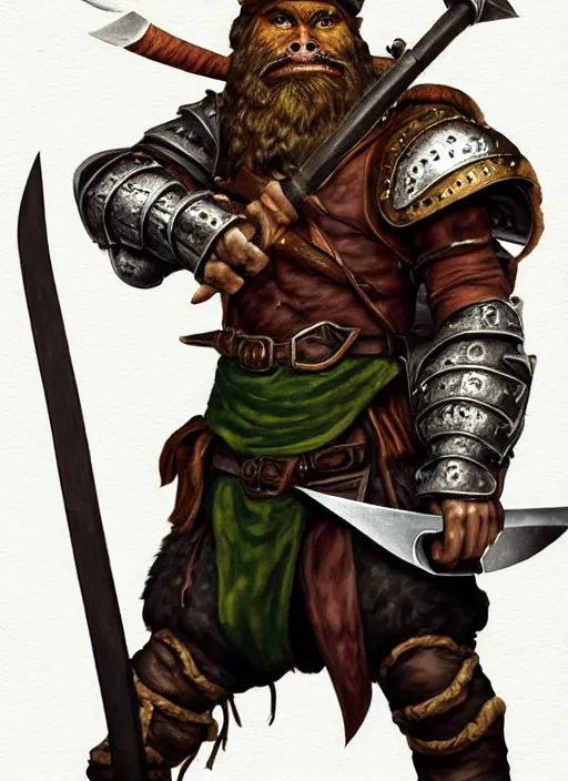 Prompt: strong young man, photorealistic bugbear ranger holding a flaming sword, black beard, dungeons and dragons, pathfinder, roleplaying game art, hunters gear, jeweled ornate leather and steel armour, concept art, character design on white background, by alan lee, norman rockwell, makoto shinkai, kim jung giu, poster art, colours red and green