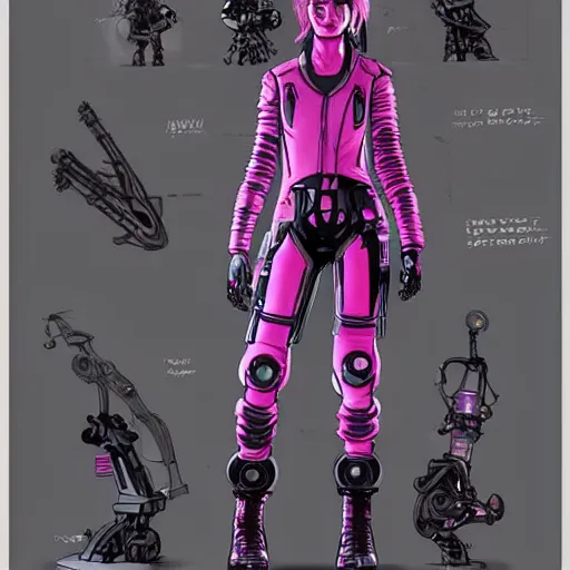 Image similar to cyberpunk mechanic lady in a jumpsuit with robotic feet. pink and black color scheme. concept art by james gurney and mœbius. apex legends character art. gorgeous face.