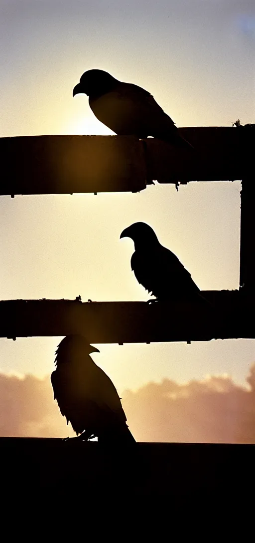 Image similar to Portrait of a tired battle-worn rugged post-apocalypse survivor staring contemplatively into the sunset from an abandoned overgrown rooftop terrace. A crow perched above stares at the sun, as well. Masterpiece. Photo taken with Kodak Professional Pro Image 100 35mm film.