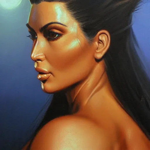 Prompt: ultra realistic portrait painting of kim kardashian in aliens, art by frank frazetta, 4 k, ultra realistic, highly detailed, epic lighting.