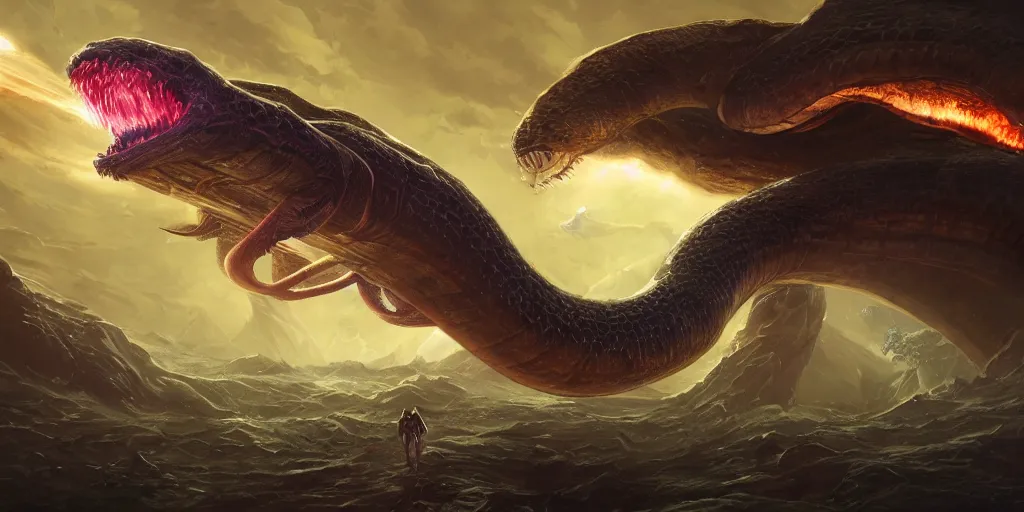 Image similar to a hyperrealistic illustration of several creatures fighting a giant alien snake in a huge spaceship, fantasy art, artstation, trending, ultra detailed, emotional