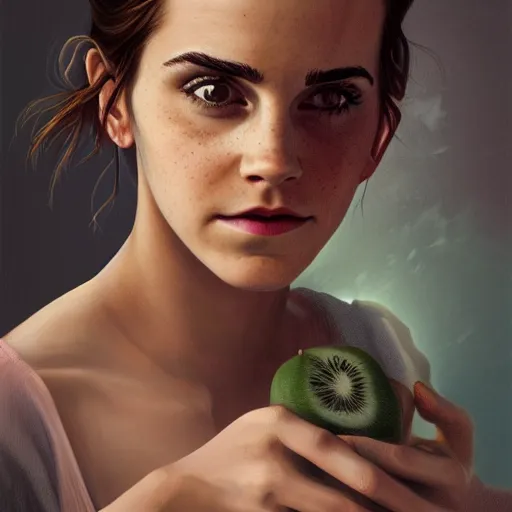 Image similar to a portrait of Emma Watson roaring loudly, with tears in her eyes, at a bowl of innocent fruit, emotional, backlit, strong rim light, highly detailed, digital painting, HDRI, by Casey Weldon, vivid colors, high contrast, intricate