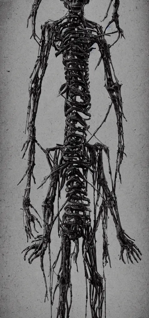 Prompt: creepy long humanoid with steel parts extending from its body at random points, body horror, scary, dark, creepy