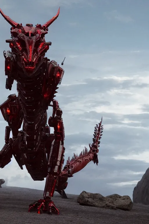 Image similar to cinematic still of westworld, a full body red si - fi robotic fantasy dragon, well armored mech dragon, highly detailed