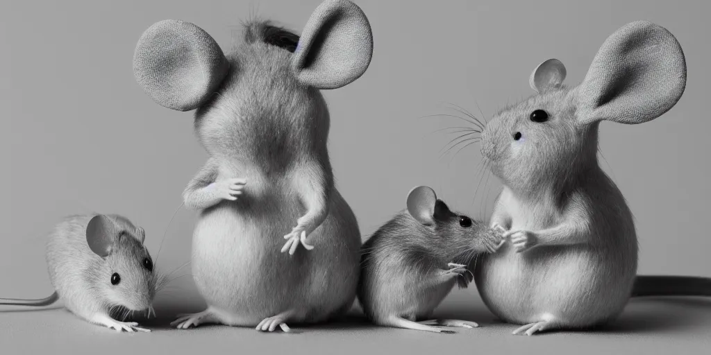 Prompt: a beautiful studio photo of exactly two!!! mice; 90mm; f/1.4; black and white