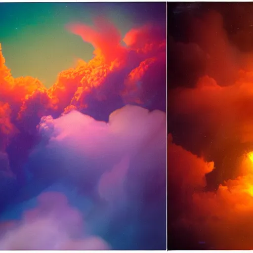 Prompt: film photography of a sprawling wooden space station amongst colourful underwater clouds by Kim Keever, low shutter speed, 35mm