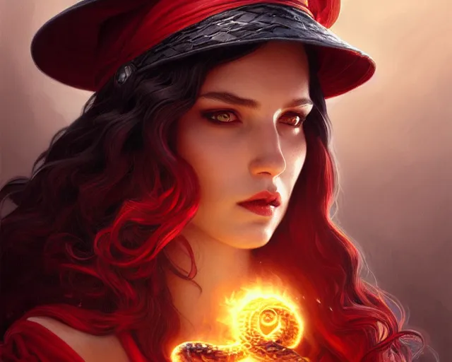 Prompt: red hat wizard woman with snakes in her dark hair, hydra, deep focus, d & d, fantasy, intricate, elegant, highly detailed, digital painting, artstation, concept art, matte, sharp focus, illustration, hearthstone, art by artgerm and greg rutkowski and alphonse mucha