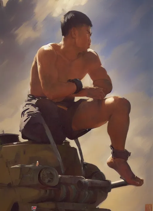 Image similar to greg manchess side portrait of a filipino mma fighter sitting on a tank, organic painting, sunny day, matte painting, bold shapes, hard edges, street art, trending on artstation, by huang guangjian, gil elvgren, ruan jia, randy vargas, greg rutkowski