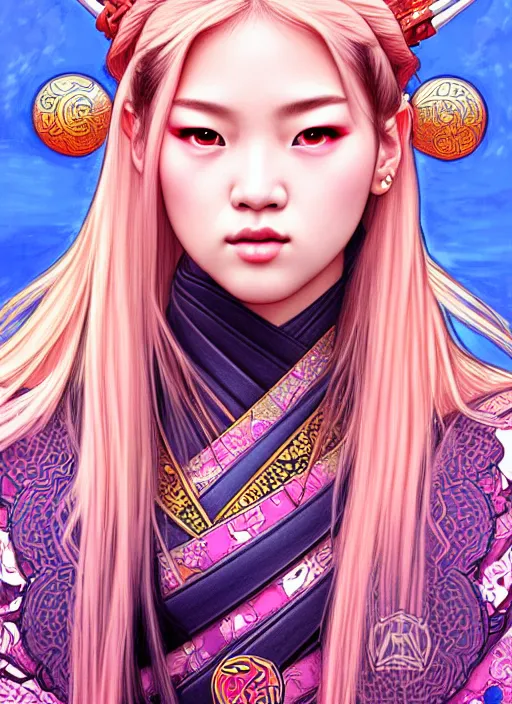 Image similar to jossi of blackpink, female samurai, tarot card, highly detailed, digital painting, smooth, sharp focus, illustration, ultra realistic, 8 k, art by artgerm and alphonse mucha