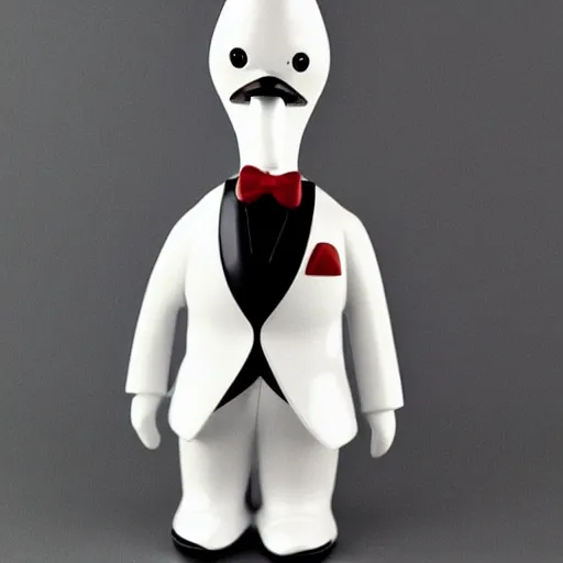 Prompt: Anthro goose in a white tuxedo, vinyl toy figurine