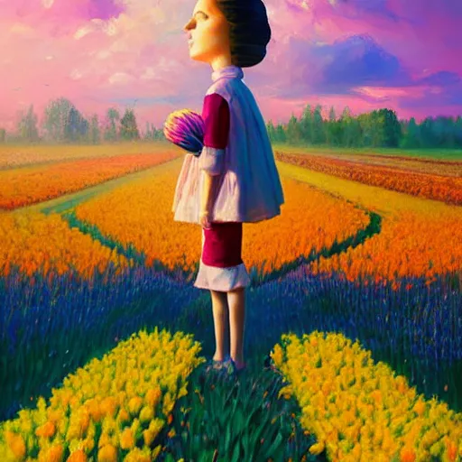 Image similar to girl with a giant tulip head, surreal photography, flower field, sunset dramatic light, impressionist painting, colorful clouds, blue sky, digital painting, artstation, simon stalenhag