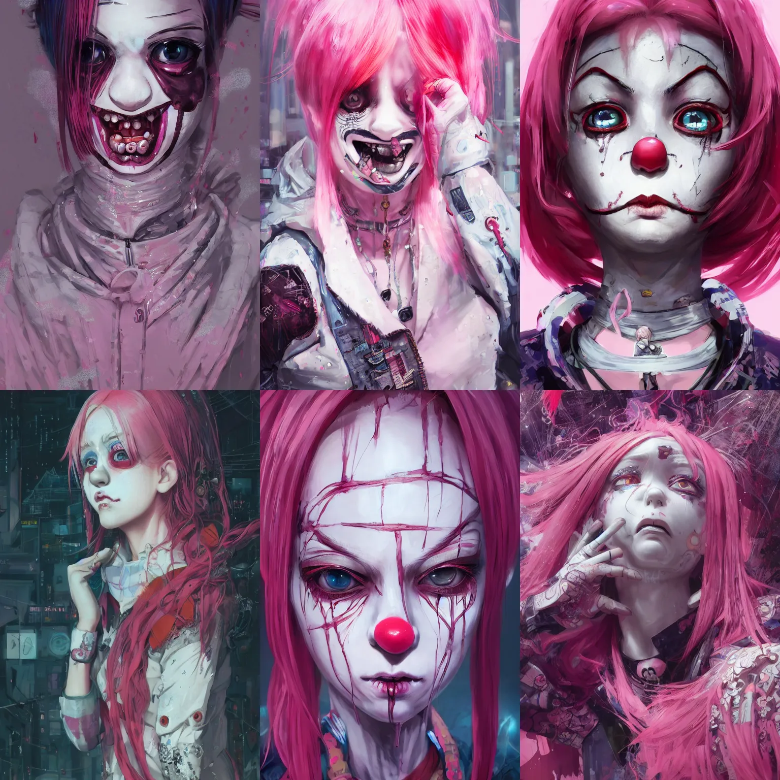 Image similar to by kyoto animation, very creepy clown girl pink hair, tears from the eyes, wearing cyberpunk intricate streetwear, beautiful, detailed portrait, intricate complexity, ilya kuvshinov, cell shaded, 4 k, concept art, by wlop, ilya kuvshinov, greg rutkowski, sharp focus, volumetric lighting, cinematic lighting