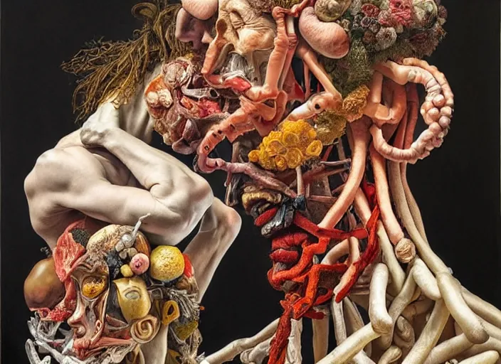 Prompt: human figures by arcimboldo in a dramatic poses, extra limbs, inside a grand ornate room, highly detailed, expressive, surrealism, dystopian, painting by jenny saville and charlie immer, artstation