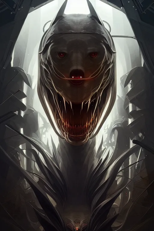 Image similar to professional concept art symmetrical portrait of a horrendous mechanical predatory species in a dark room by artgerm and greg rutkowski. an intricate, elegant, highly detailed digital painting, cubism, concept art, smooth, sharp focus, illustration, in the style of cam sykes.