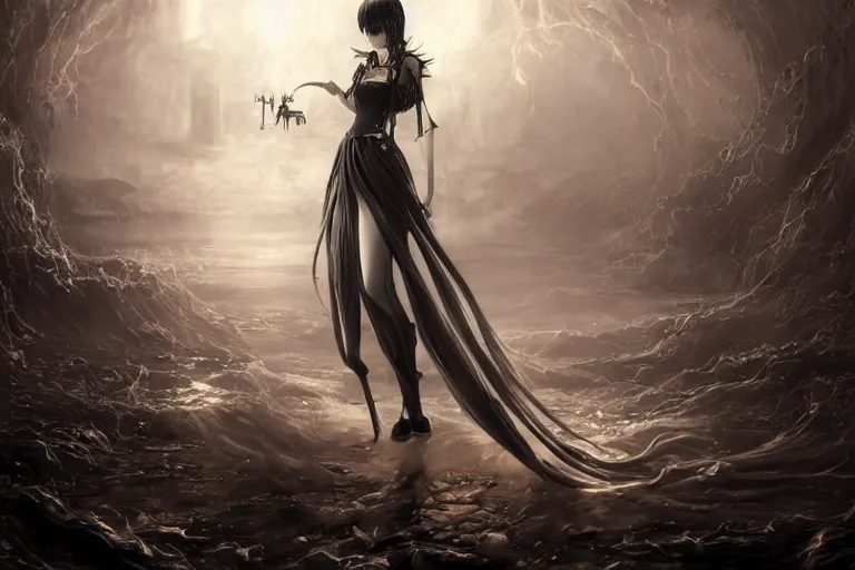 Image similar to ultra realist soft painting of a gothic princess in the world of Lovecraft, anime style, very intricate details, ultra dense fog, golden ratio, volumetric black and white lighting, reflections, refractions, symmetry accurate anatomy features, unreal render