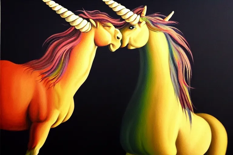 Image similar to detailed traditional painting of a unicorn walking on a rainbow, ((rainbow)) by Caravaggio, authentic, masterpiece, brush strokes, trending on artstation