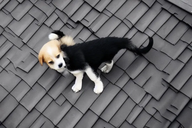 Image similar to a dramatic photo of a puppy standing at the edge of a roof